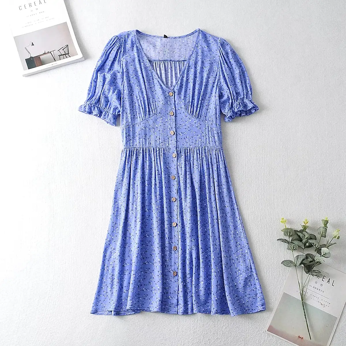 Ashore Shop Blue Floral Print Summer Beach Dress Women Casual Holiday Short Sleeve Dress Boho Sundress Vestidos Fashion Clothes