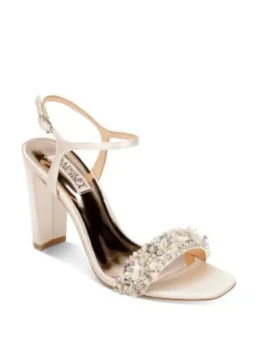 BADGLEY MISCHKA Womens Beige Embellished Padded Teenie Square Toe Block Heel Buckle Heeled M