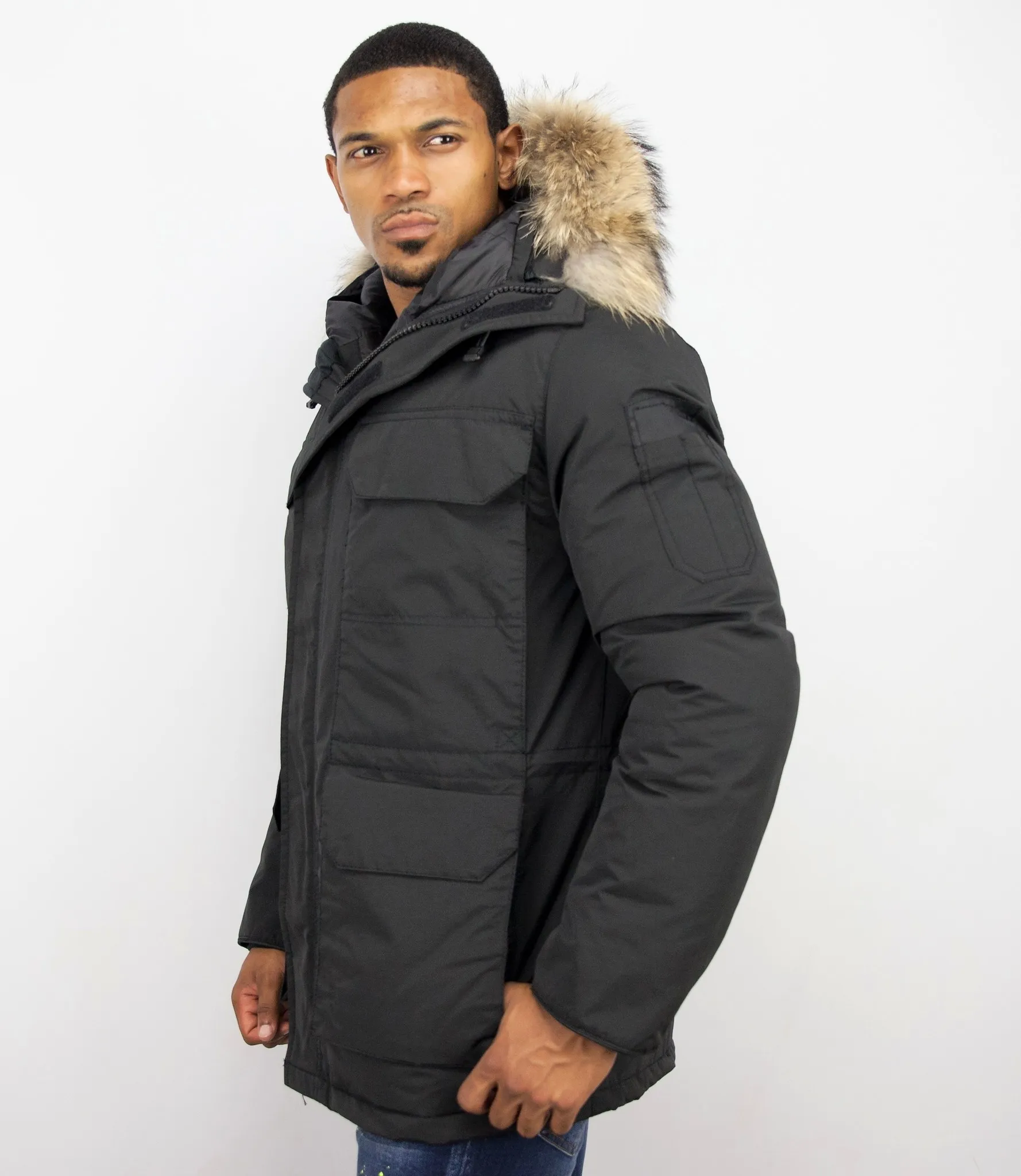 Beluomo Fur Collar Coat - Men Winter Coat Long - Expedition Parka - Black