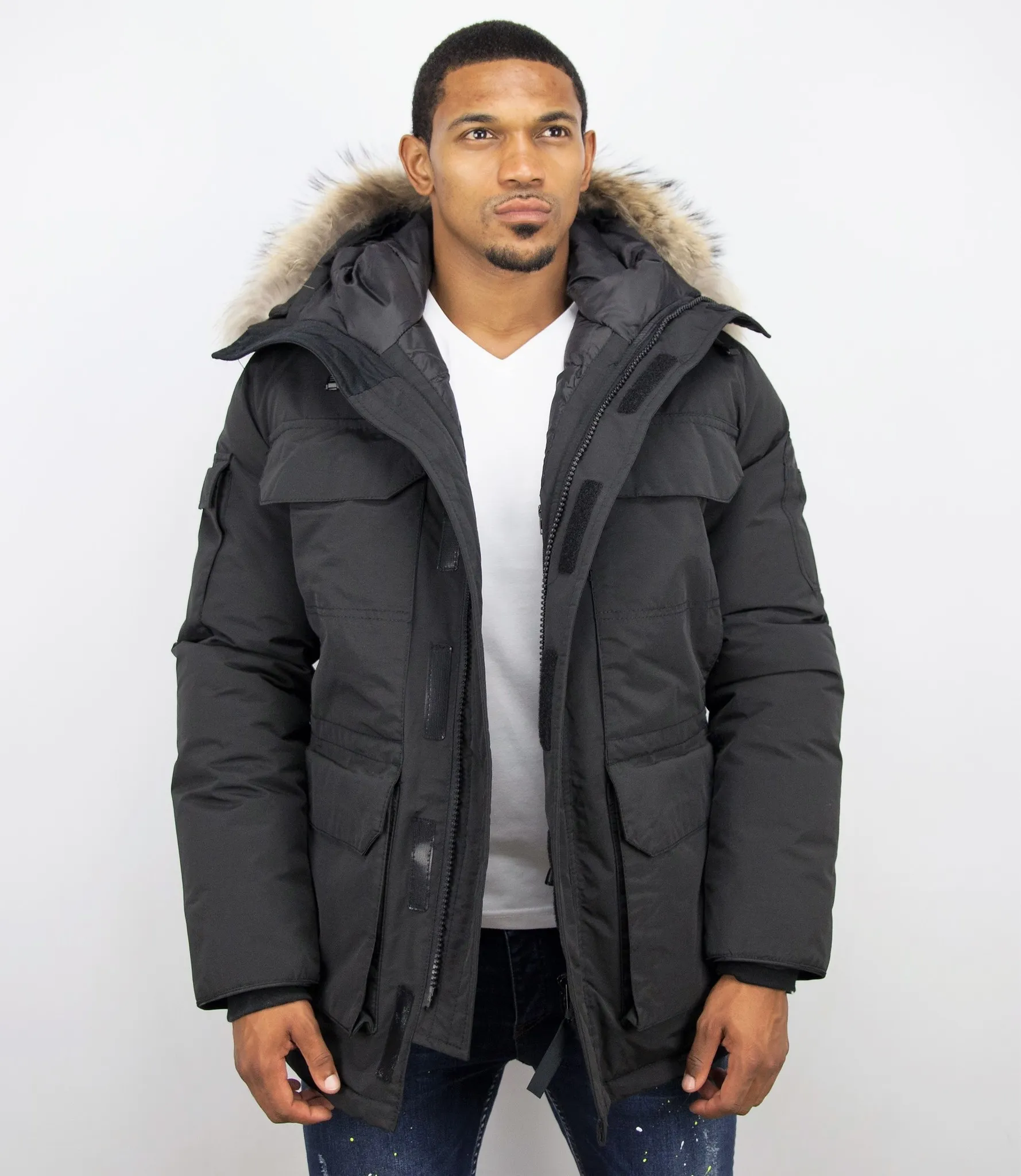 Beluomo Fur Collar Coat - Men Winter Coat Long - Expedition Parka - Black