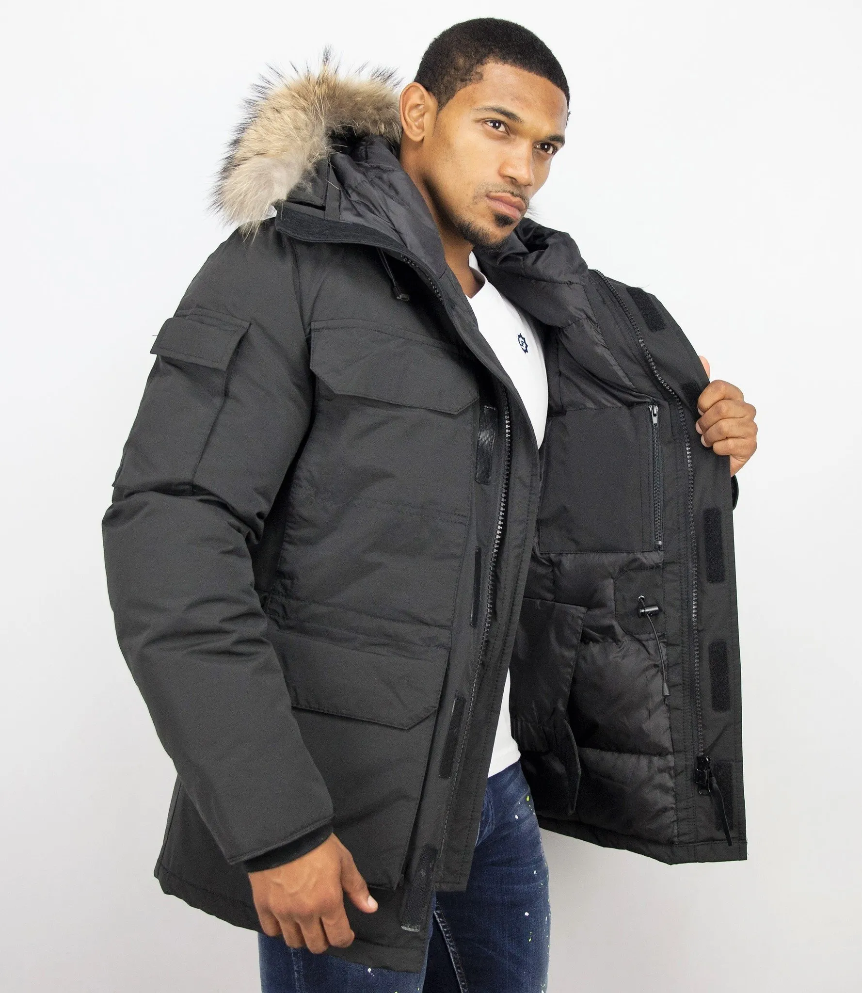 Beluomo Fur Collar Coat - Men Winter Coat Long - Expedition Parka - Black