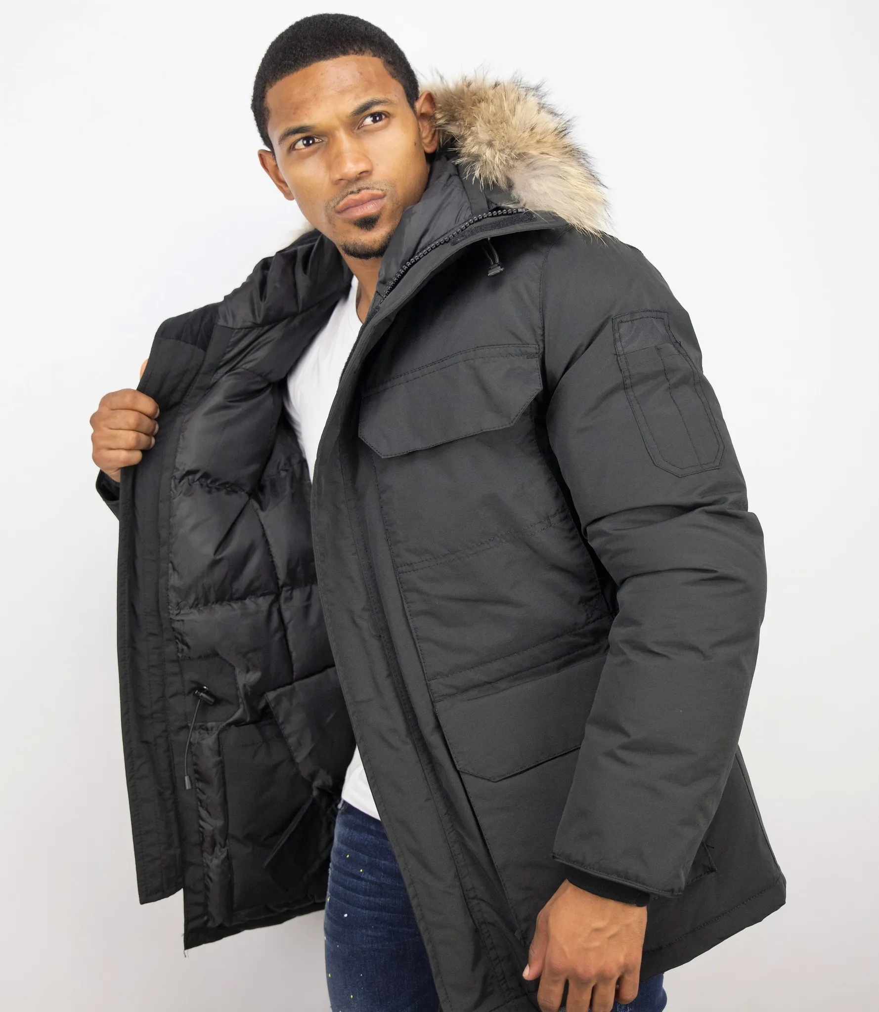 Beluomo Fur Collar Coat - Men Winter Coat Long - Expedition Parka - Black