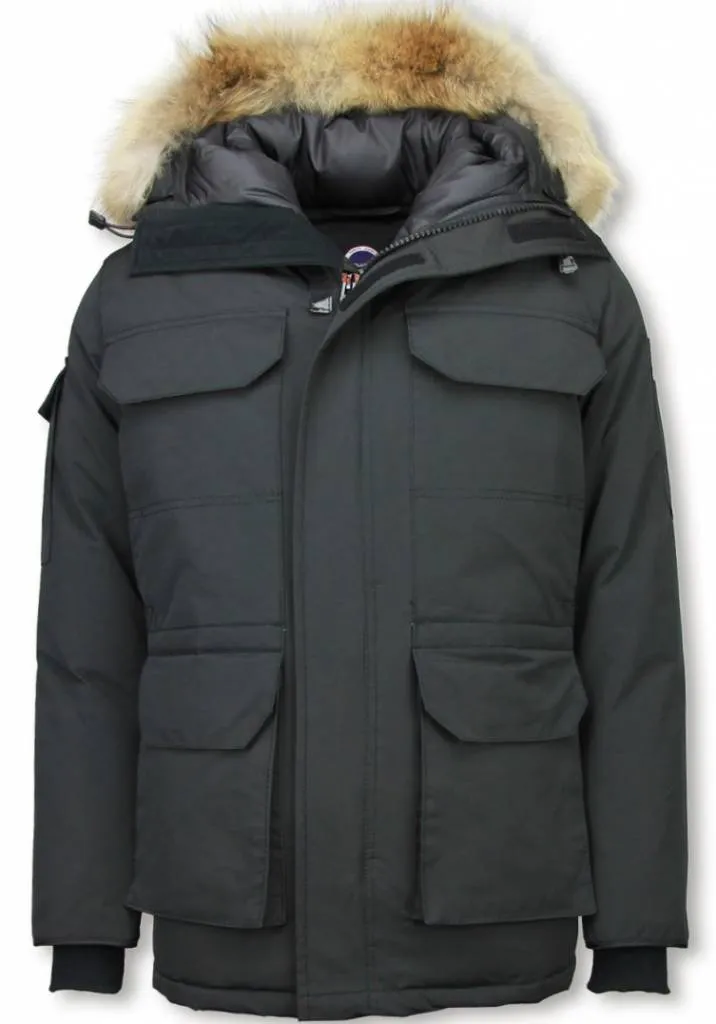 Beluomo Fur Collar Coat - Men Winter Coat Long - Expedition Parka - Black