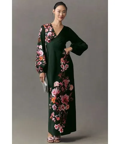 BHLDN Flora High-Shine Satin Long-Sleeve Maxi Dress