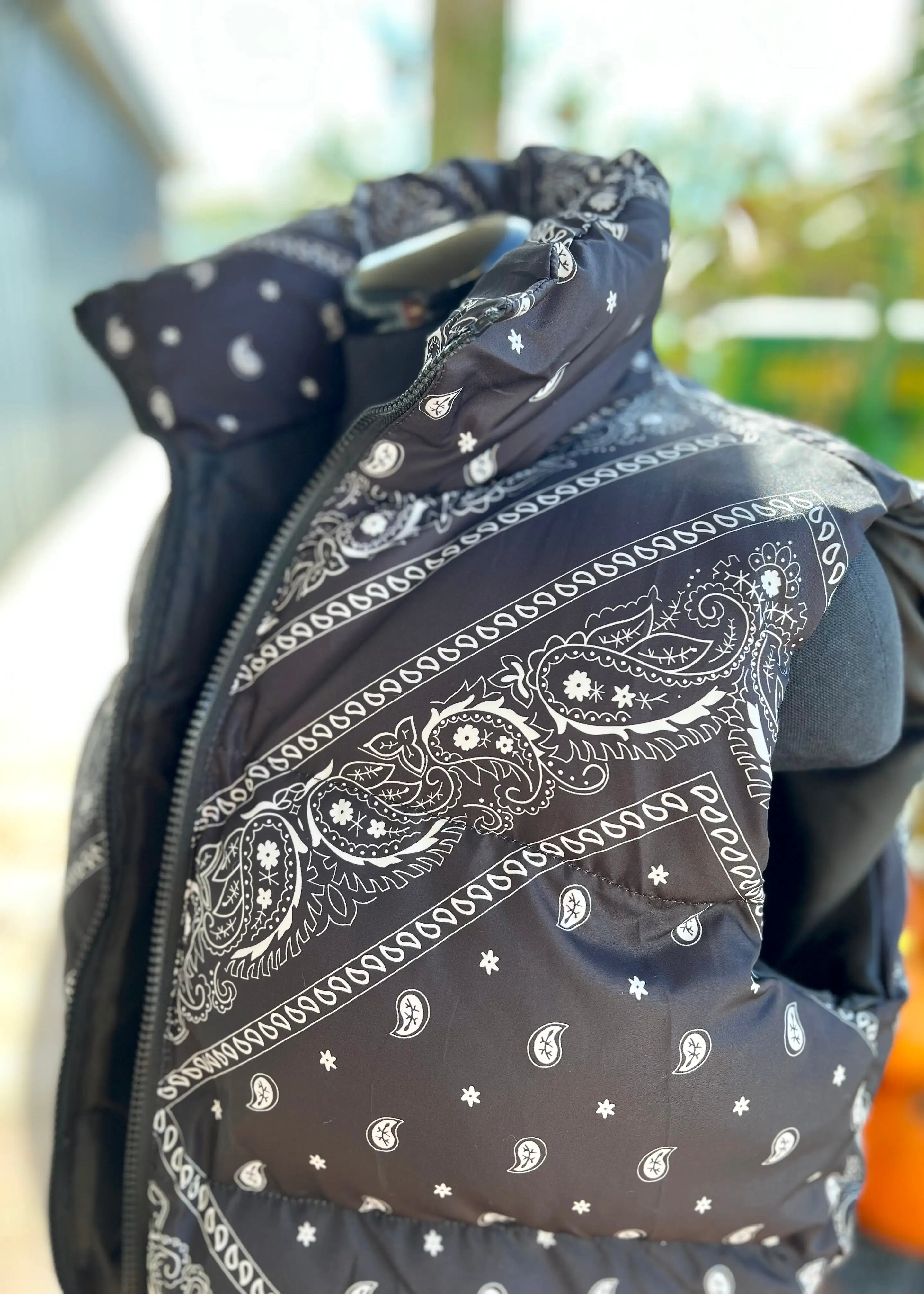 Black Bandana Print Puffer Vest