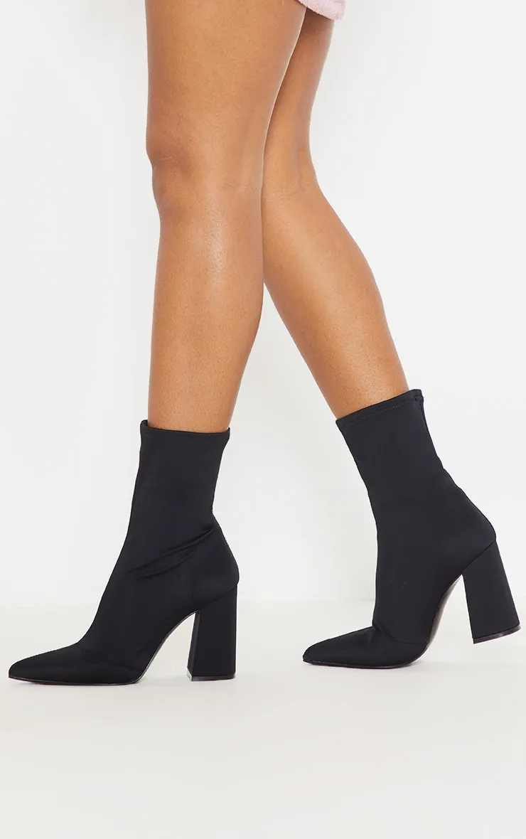 Black Block Heeled Point Toe Sock Boot