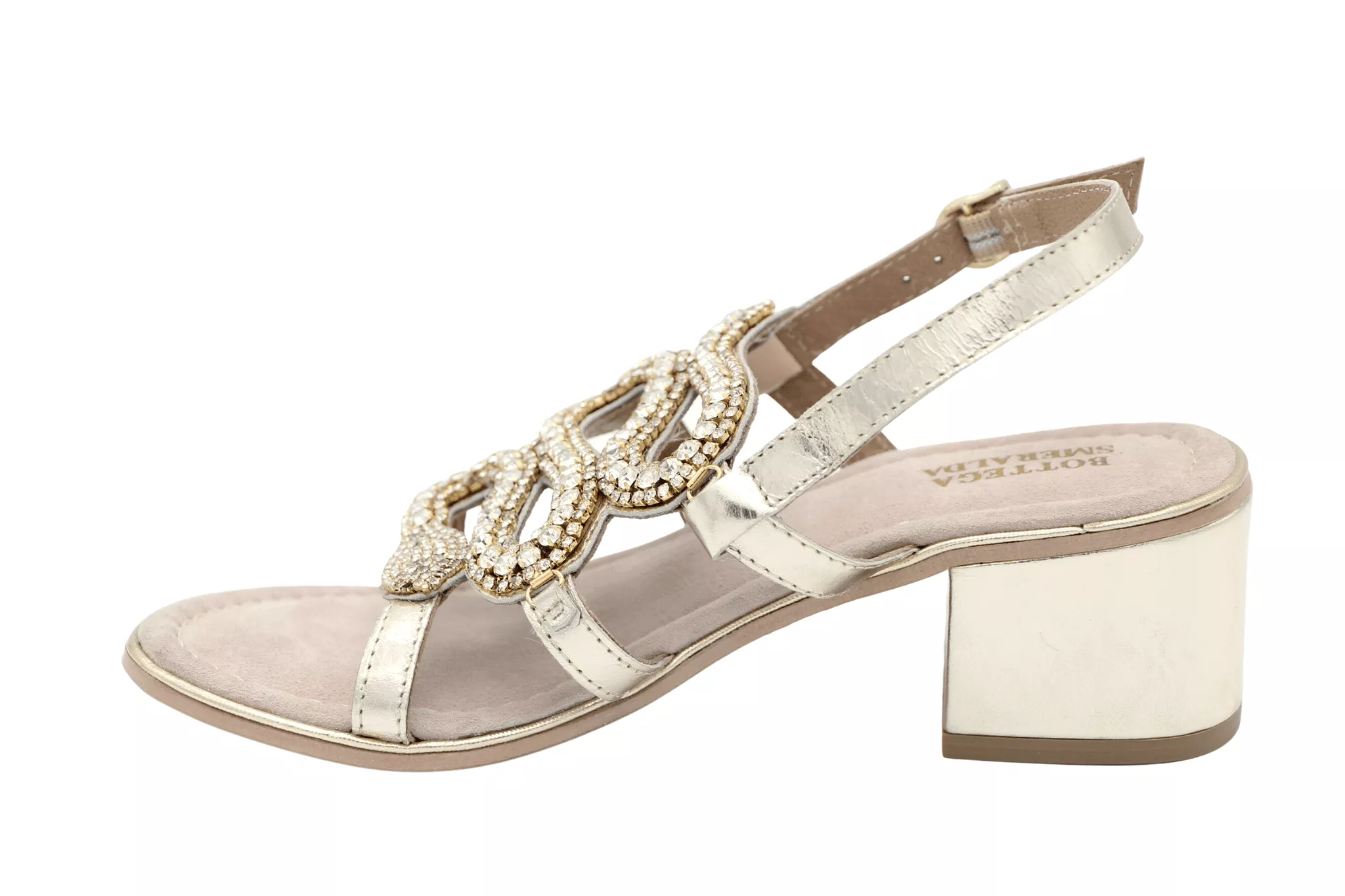 BOTTEGA Gold Leather Embellished Block Heel Sandal