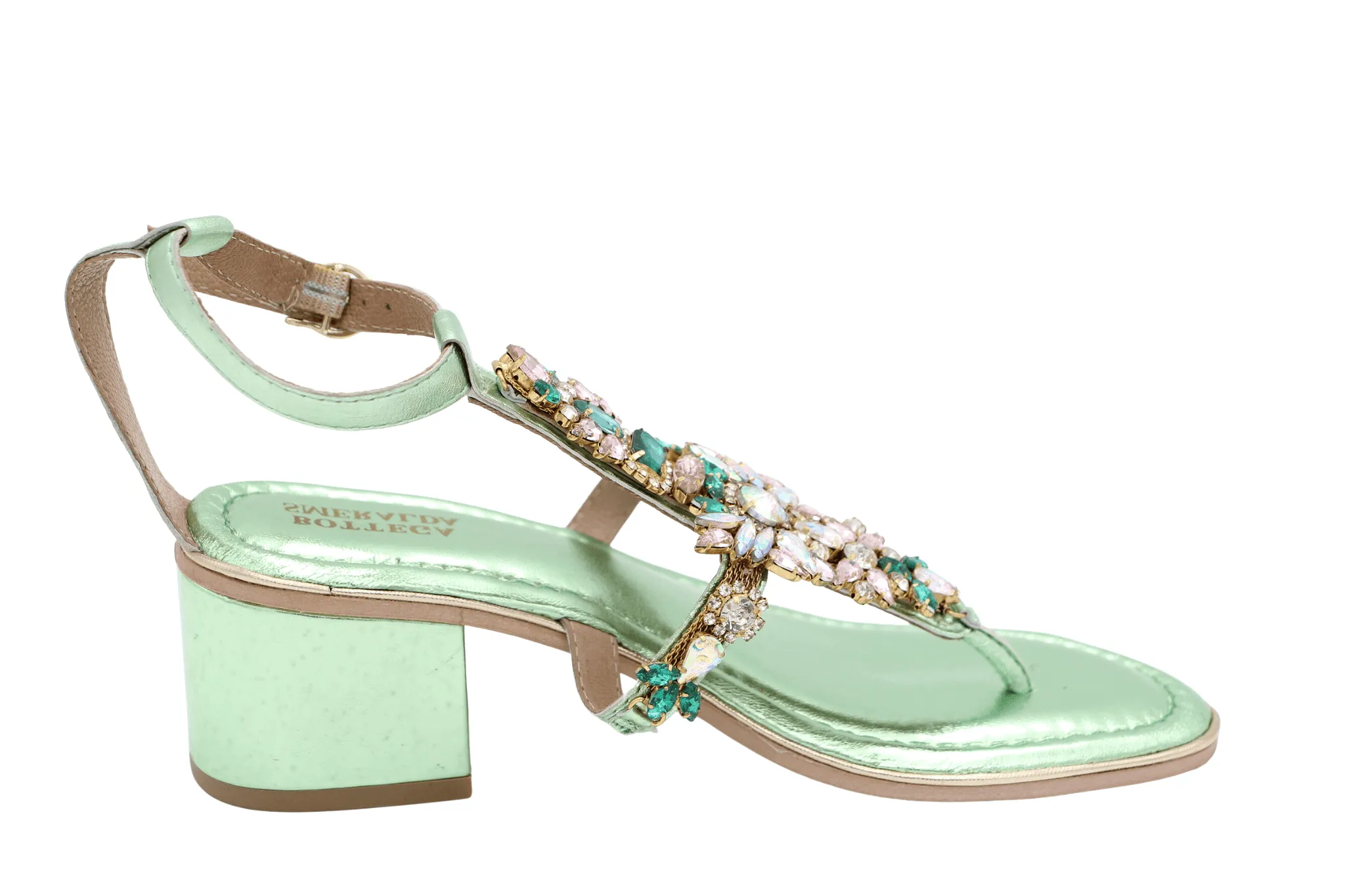 BOTTEGA Mint Green Metallic embellished Block Heel Sandal