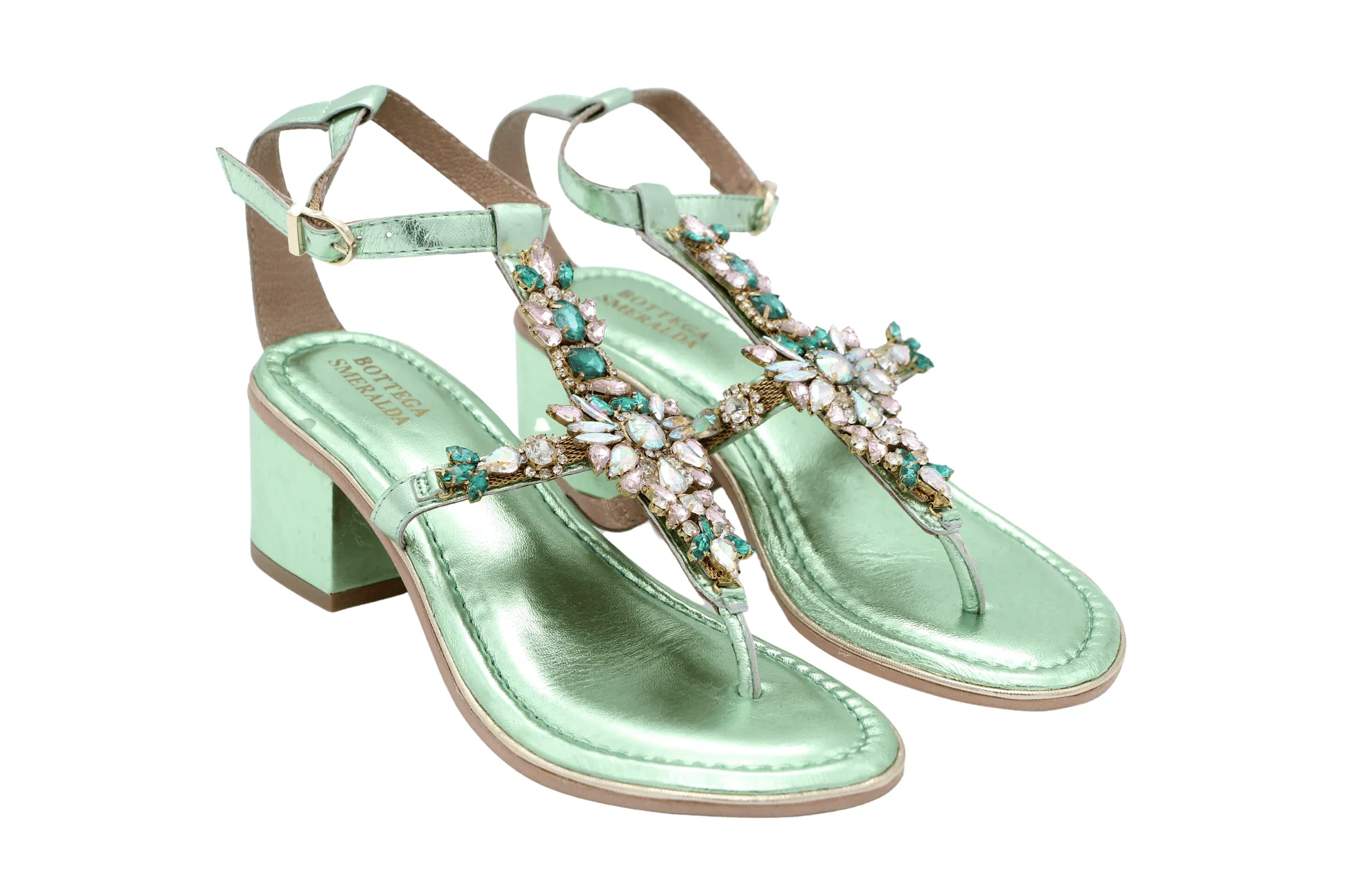 BOTTEGA Mint Green Metallic embellished Block Heel Sandal