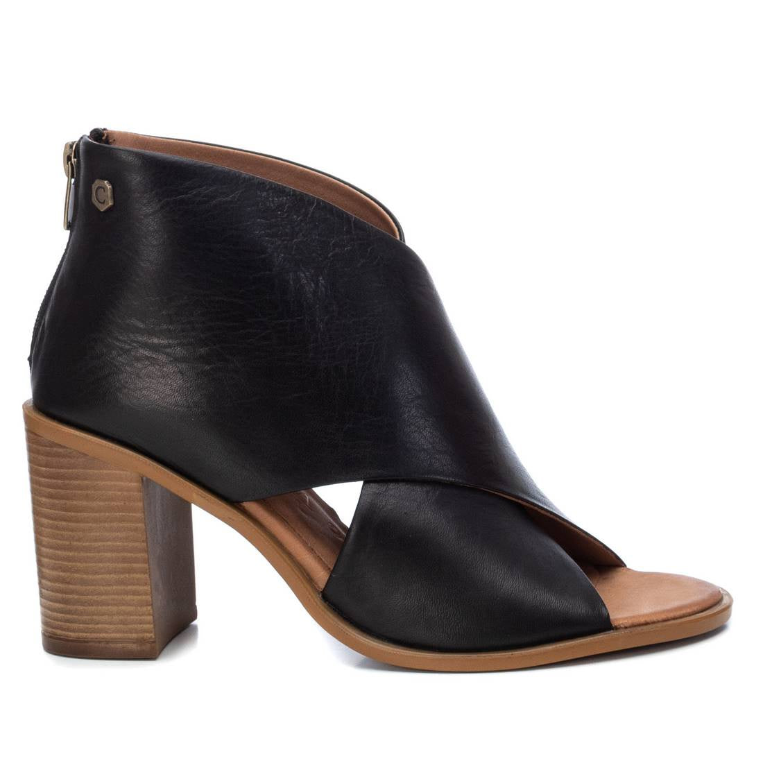 CARMELA Black Leather Cris Cross Heeled Sandal