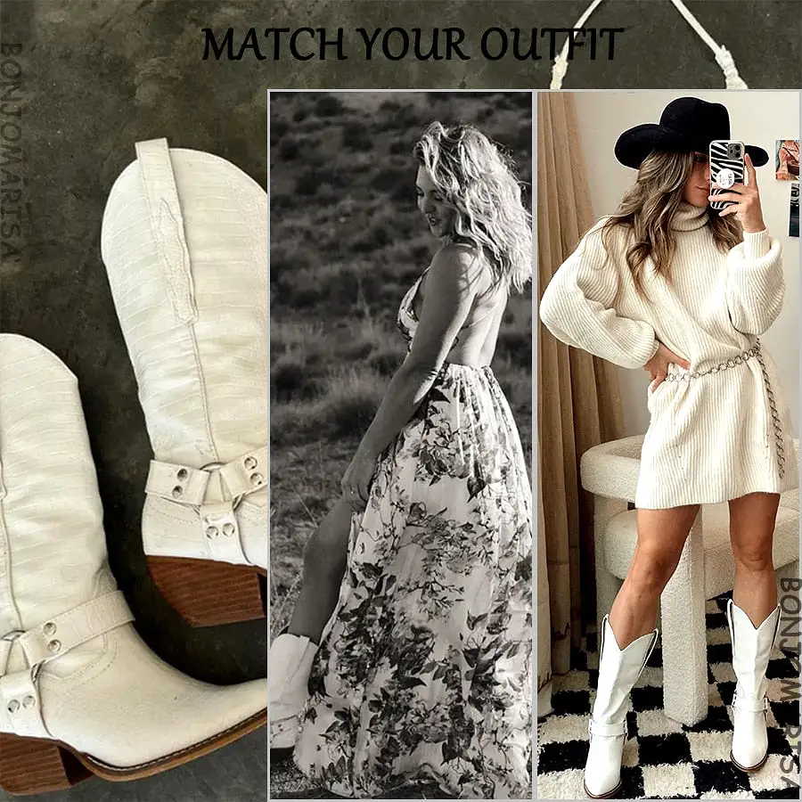 Croc Print White Cowboy Mid Calf Boots Autumn Slip On Metal Chain Roman Style Casual Ridding Boots Shoes