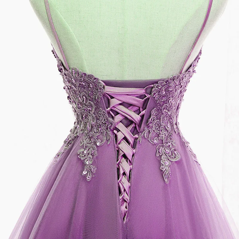 Cute Light Purple Fashionable Homecoming Dress, High Low Straps Prom Dress