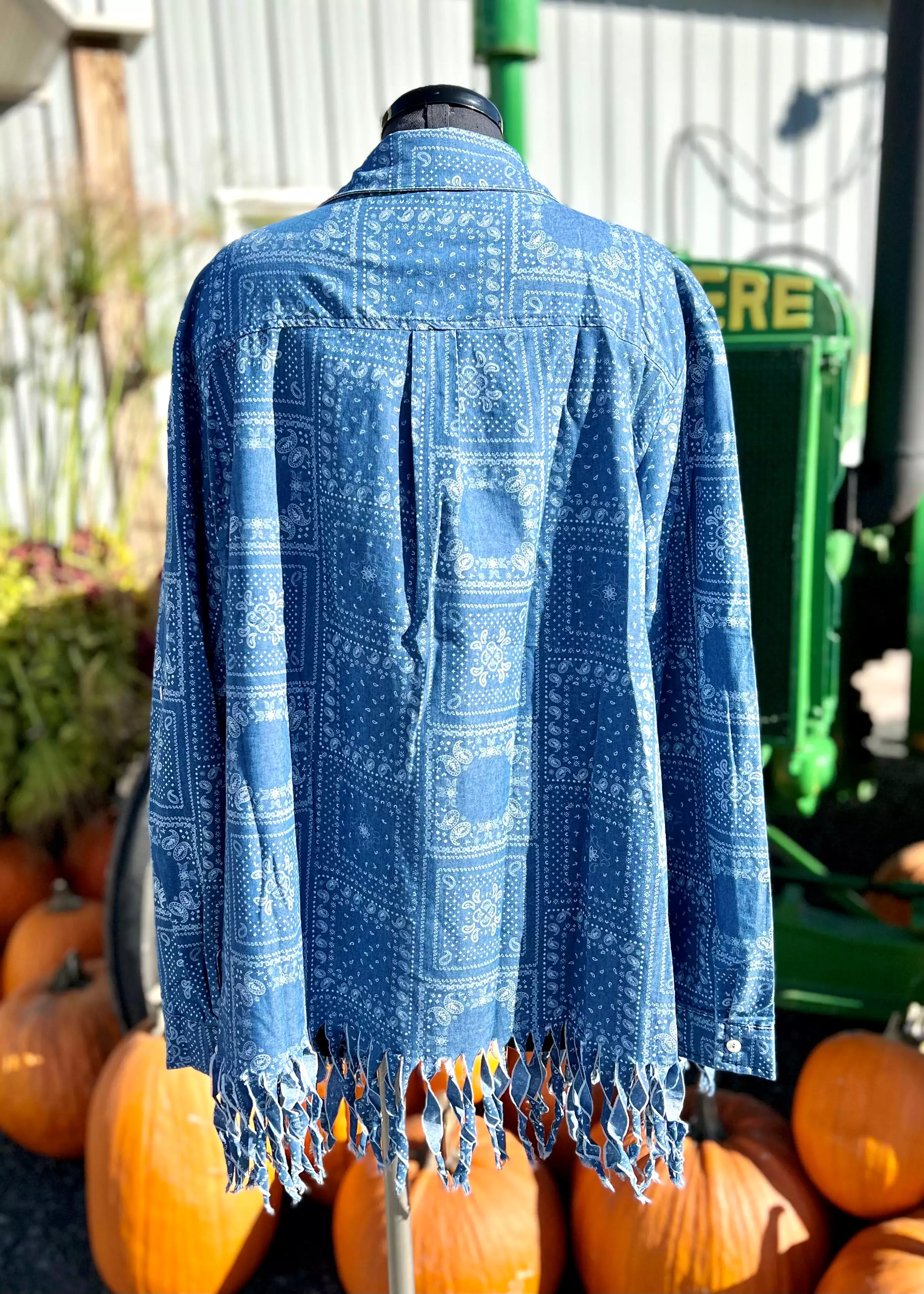 Denim Bandana Print Raw Hem Top Plus Size