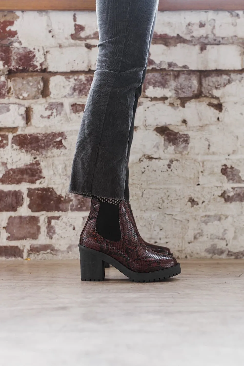 'Evie' Boots by Zette Shoes - Burgundy Snakeskin