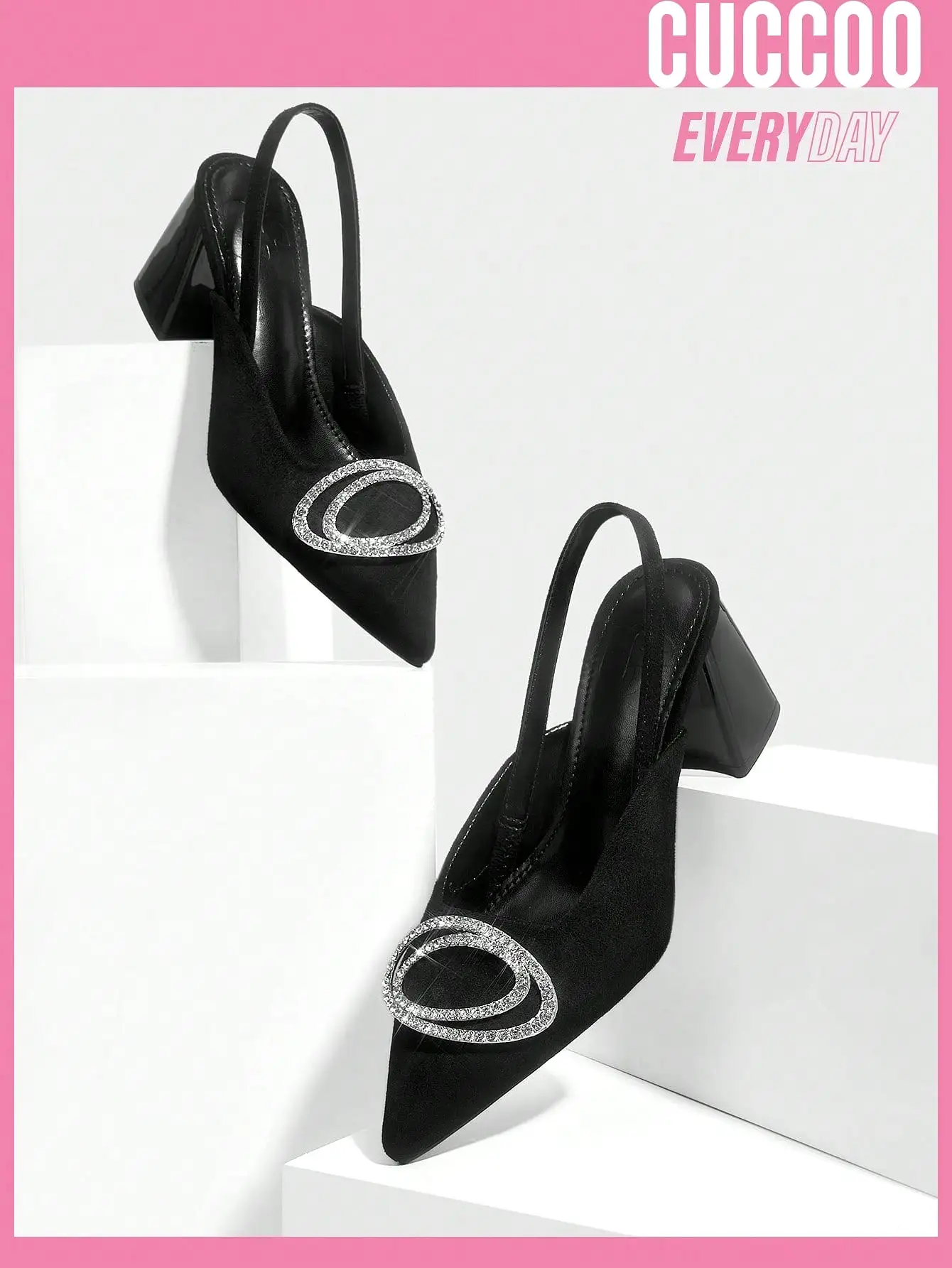 Fashionable Black Gem Buckle Back Strap Chunky High Heel Single Shoes For Women