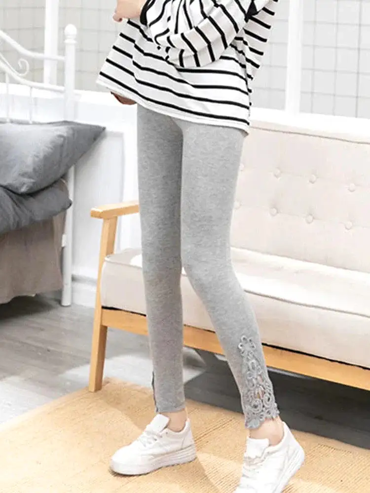 Fashionable High-Waisted Lace Detail Women's Leggings in Black, White, and Grey Sizes L-4XL