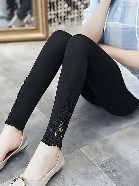 Fashionable High-Waisted Lace Detail Women's Leggings in Black, White, and Grey Sizes L-4XL