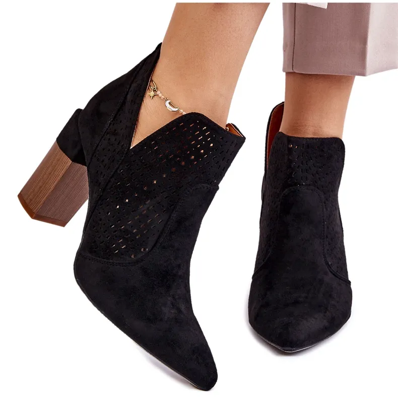 Fashionable Suede Openwork High Heel Boots Black Genevi