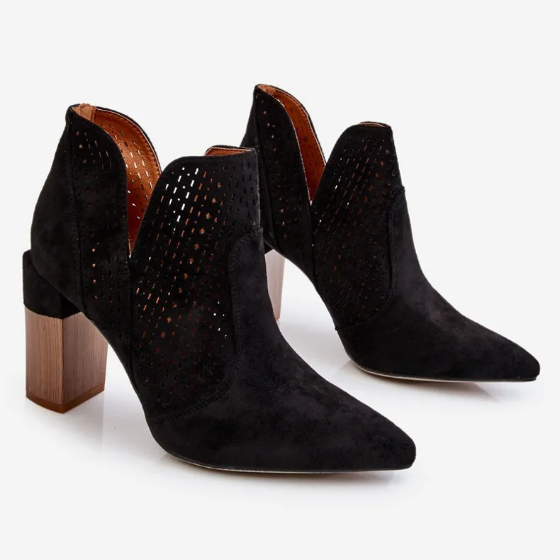 Fashionable Suede Openwork High Heel Boots Black Genevi