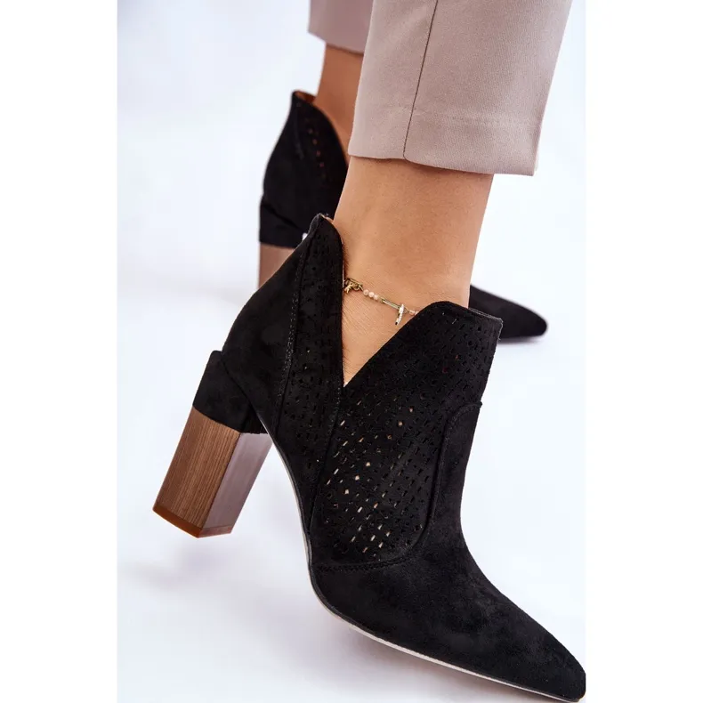 Fashionable Suede Openwork High Heel Boots Black Genevi