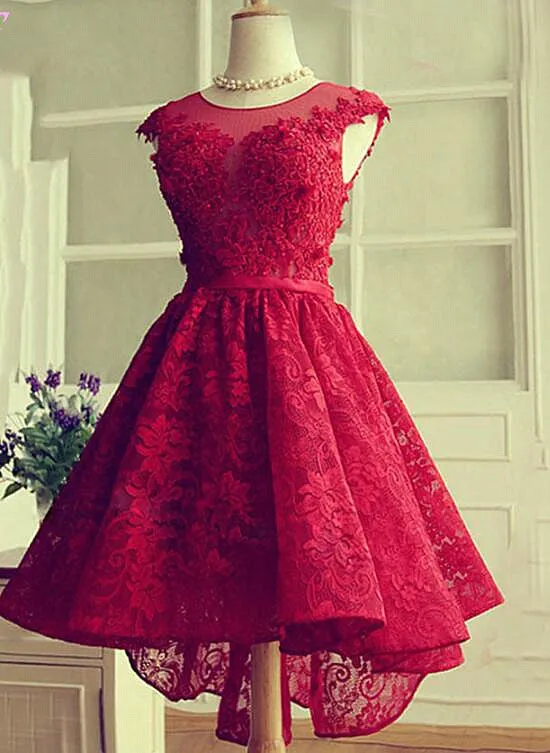 Fashionable Wine Red Lace High Low Party Dress, Lace Homecoming Dress