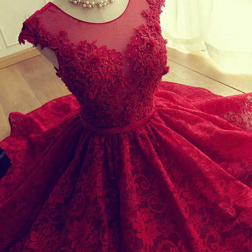 Fashionable Wine Red Lace High Low Party Dress, Lace Homecoming Dress