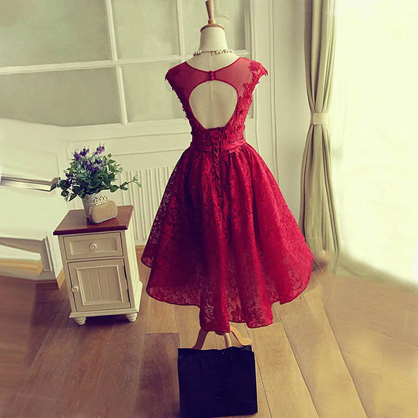 Fashionable Wine Red Lace High Low Party Dress, Lace Homecoming Dress