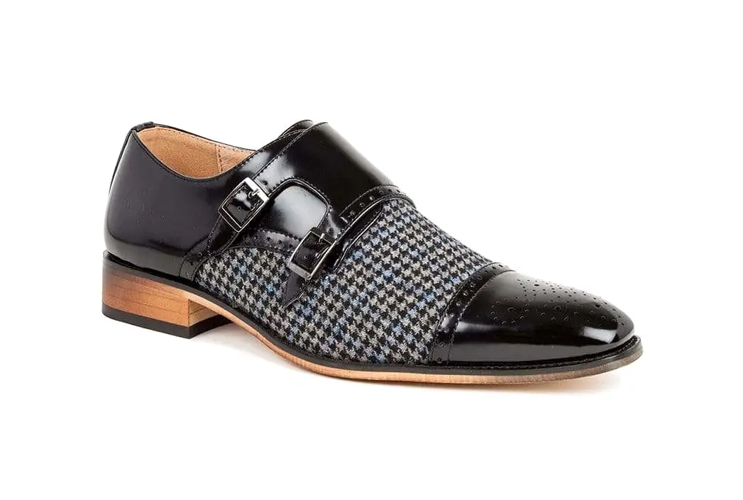 Gino Vitale Double Monk Strap Houndstooth Medallion Cap Toe Dress Shoes