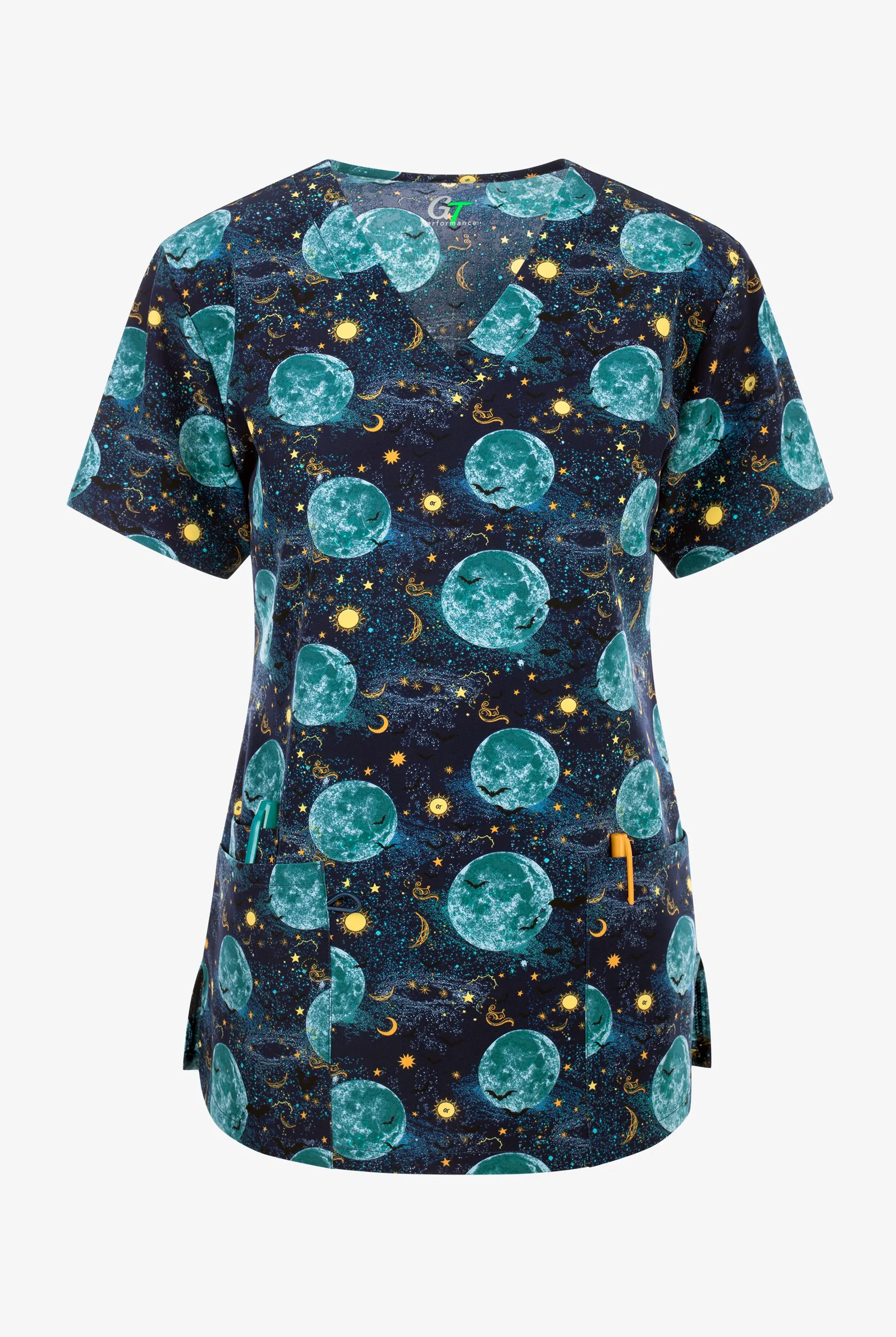 Green Town Starry Moon Women's 3-Pocket STRETCH V-Neck Print Scrub Top