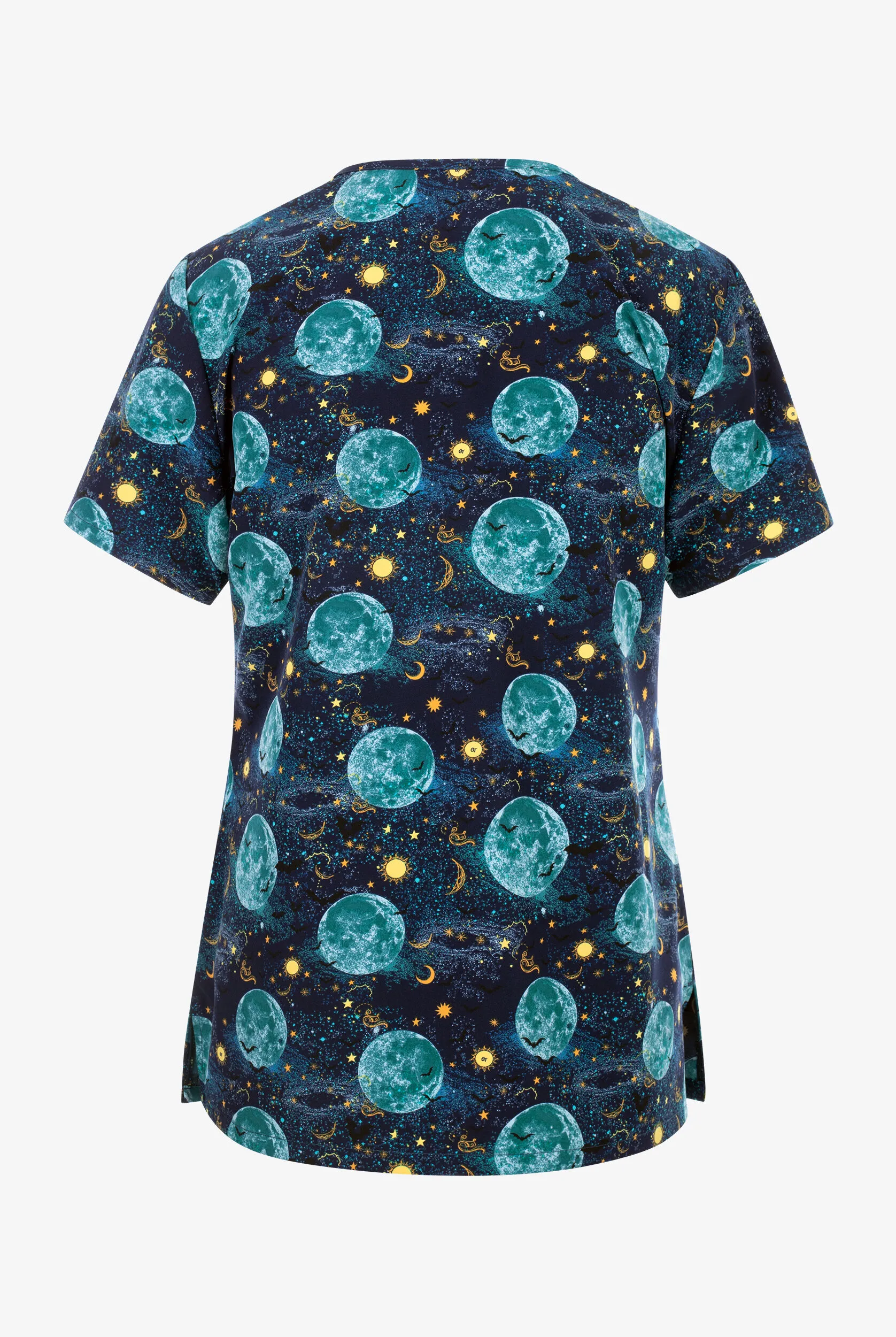 Green Town Starry Moon Women's 3-Pocket STRETCH V-Neck Print Scrub Top