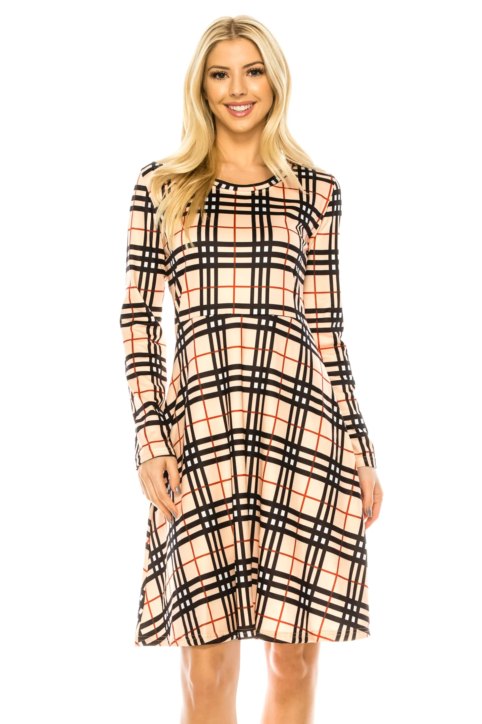 Haute Edition Women's Christmas Plaid & Solid Holiday Long Sleeve Skater Party Dress