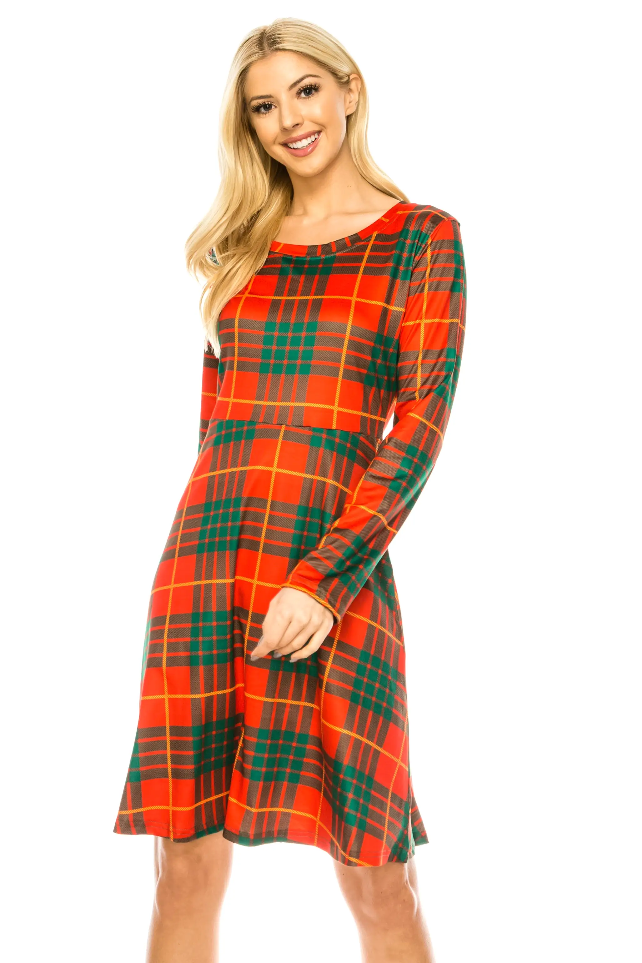 Haute Edition Women's Christmas Plaid & Solid Holiday Long Sleeve Skater Party Dress