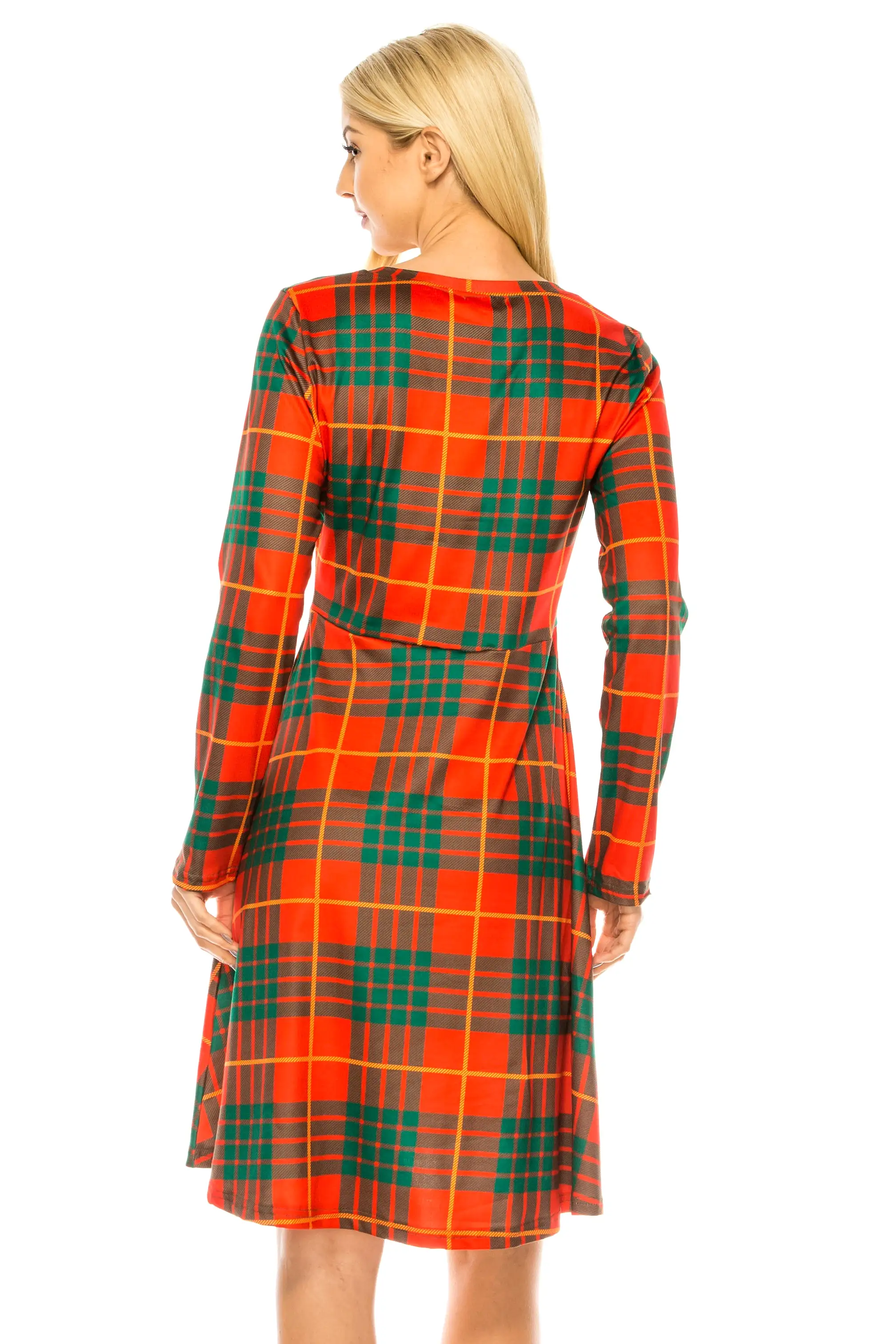 Haute Edition Women's Christmas Plaid & Solid Holiday Long Sleeve Skater Party Dress