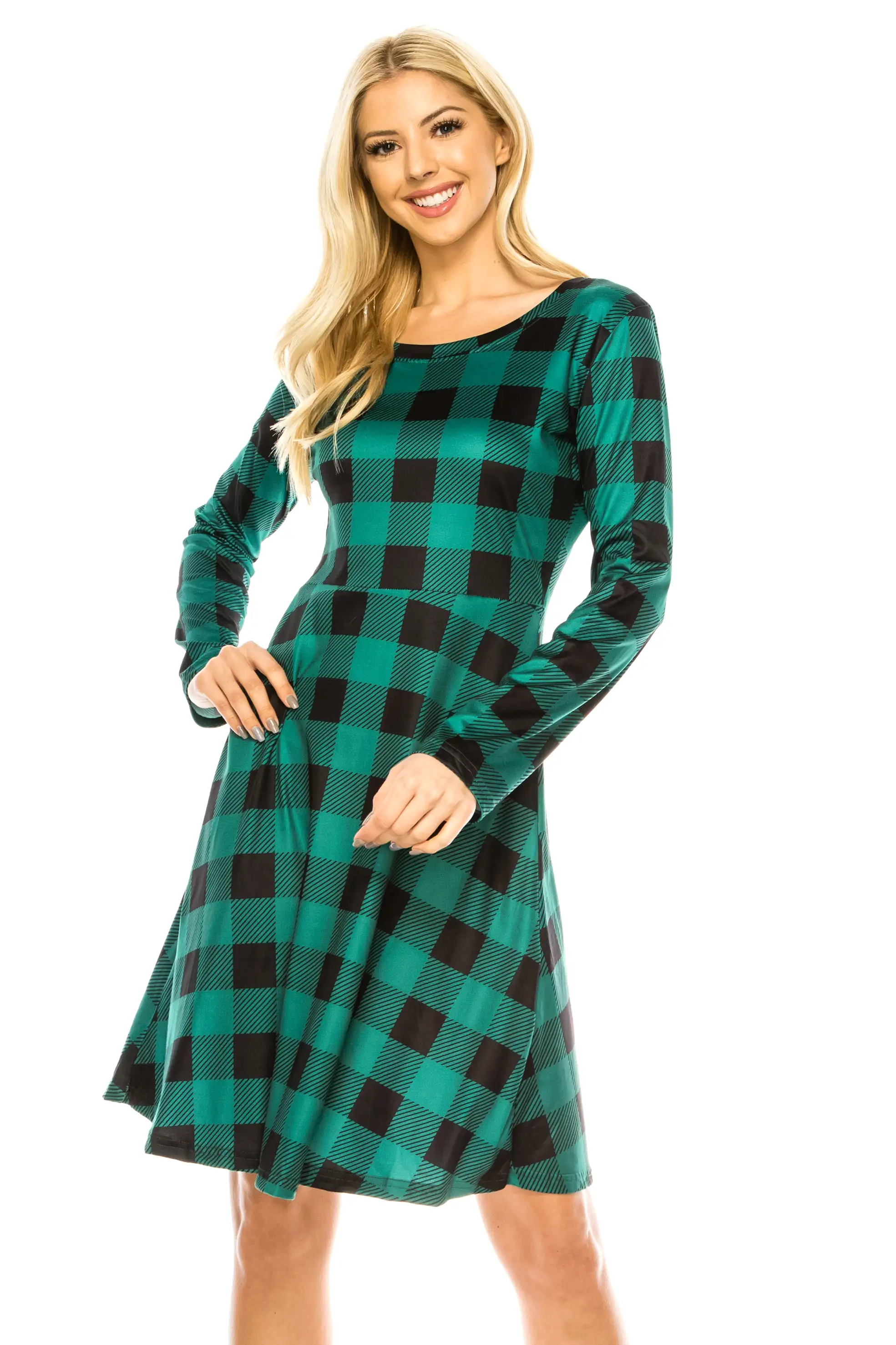 Haute Edition Women's Christmas Plaid & Solid Holiday Long Sleeve Skater Party Dress