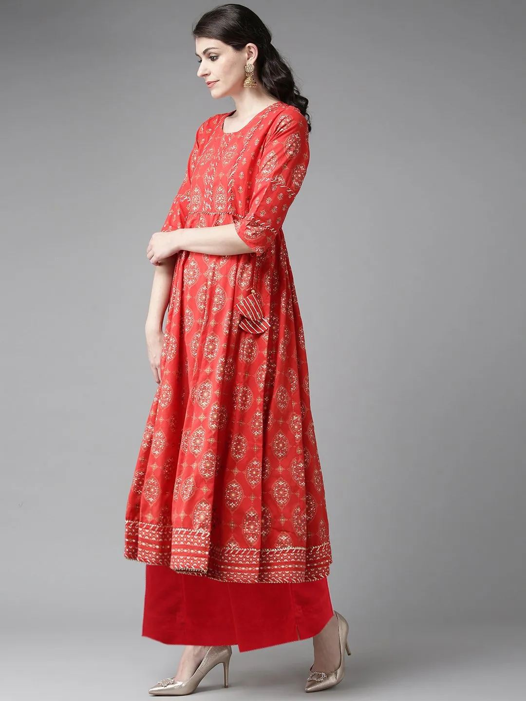 Ishin Women's Cotton Red Foil Print Gota Patti Anarkali Kurta