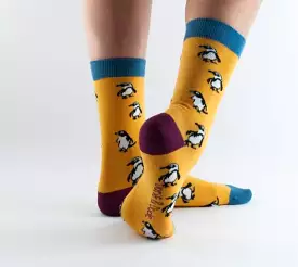 Ladies Bambo Socks Doris & Dude Penguin Yellow Blue 3-7 UK