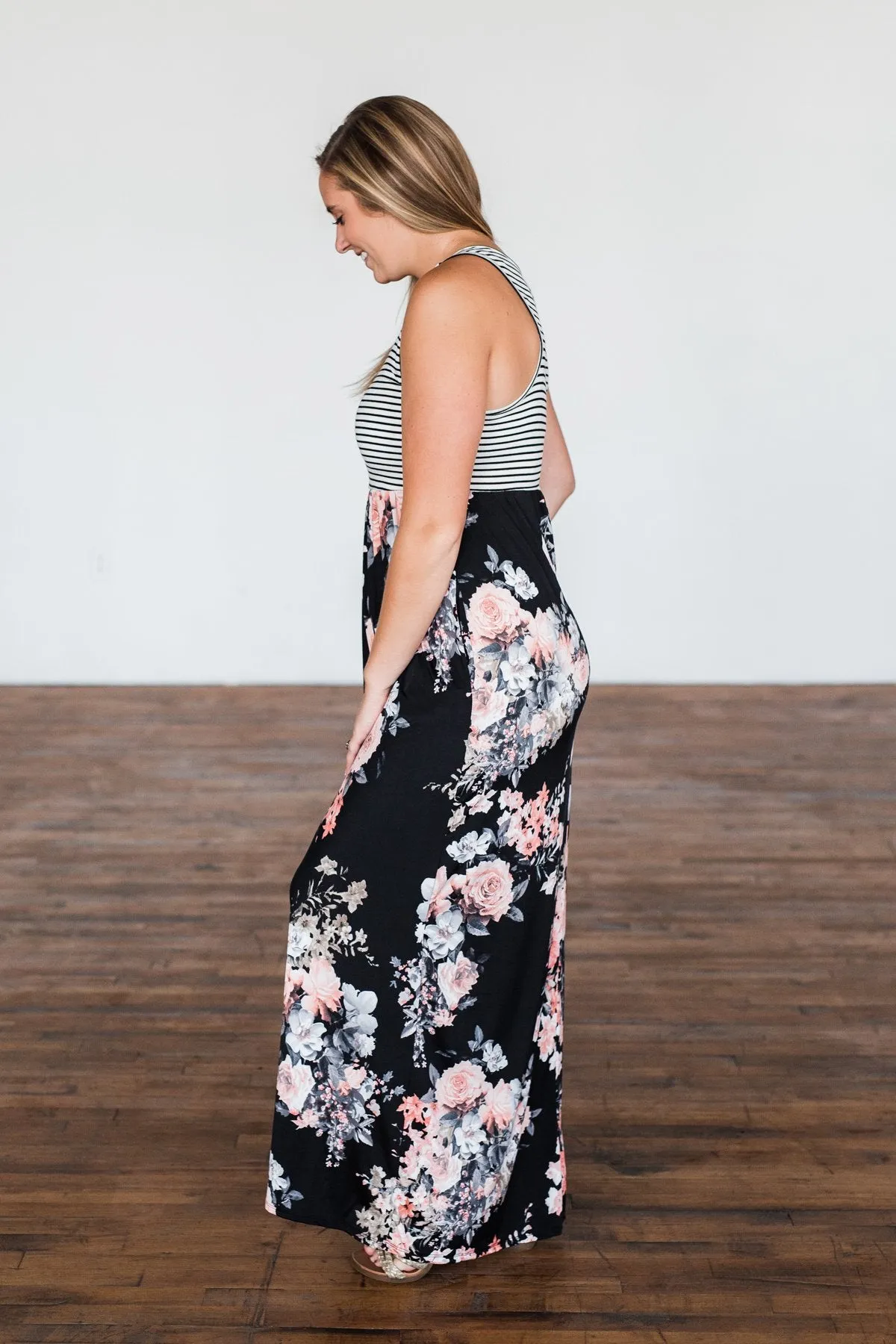 Like You Do Floral & Stripes Maxi Dress- Black & Off White