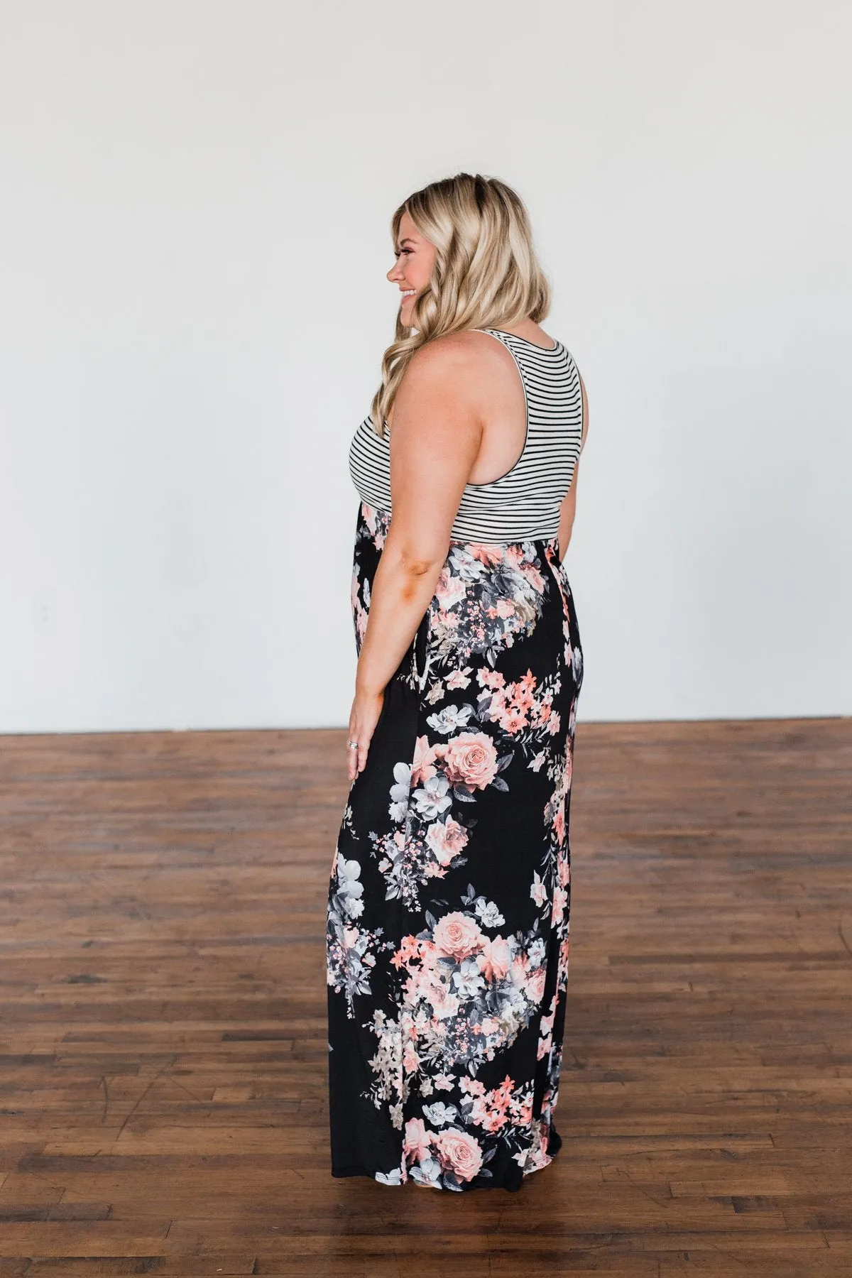 Like You Do Floral & Stripes Maxi Dress- Black & Off White