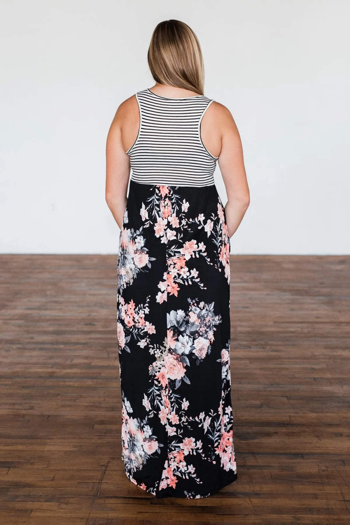 Like You Do Floral & Stripes Maxi Dress- Black & Off White