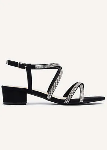 Linzi Glow Black Crossover Diamante Straps Low Block Heeled Sandals | Grattan