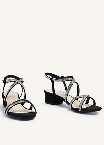 Linzi Glow Black Crossover Diamante Straps Low Block Heeled Sandals | Grattan