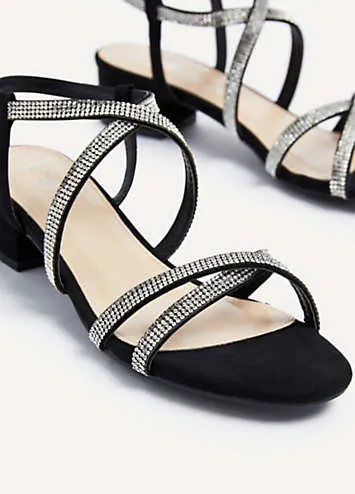 Linzi Glow Black Crossover Diamante Straps Low Block Heeled Sandals | Grattan