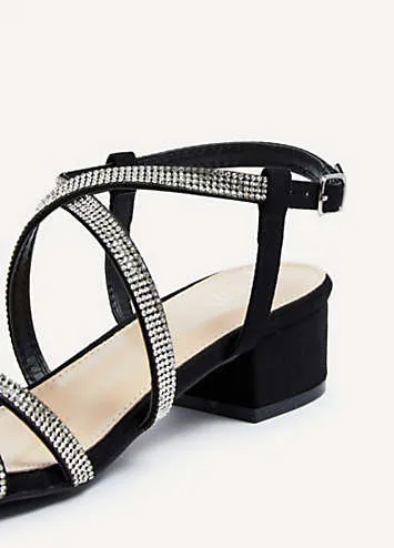 Linzi Glow Black Crossover Diamante Straps Low Block Heeled Sandals | Grattan