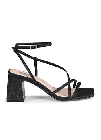 Linzi Liliana Black Glitter Crossover Slingback Block Heeled Sandals | Grattan