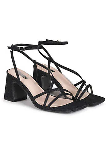 Linzi Liliana Black Glitter Crossover Slingback Block Heeled Sandals | Grattan