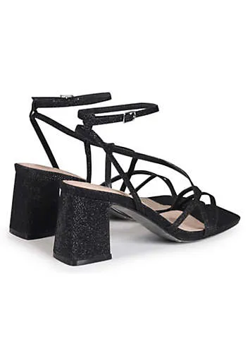 Linzi Liliana Black Glitter Crossover Slingback Block Heeled Sandals | Grattan