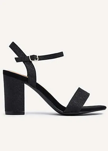 Linzi Skyline Black Glitter Open Back Barely There Block Heeled Sandals | Grattan