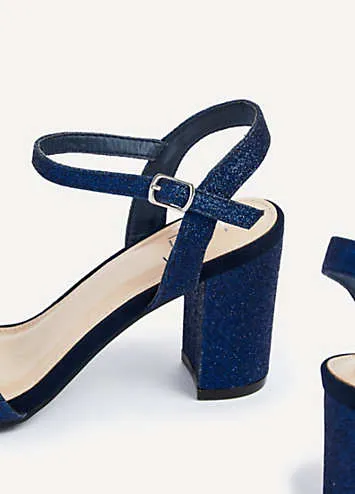 Linzi Skyline Navy Glitter Open Back Barely There Block Heeled Sandals | Grattan