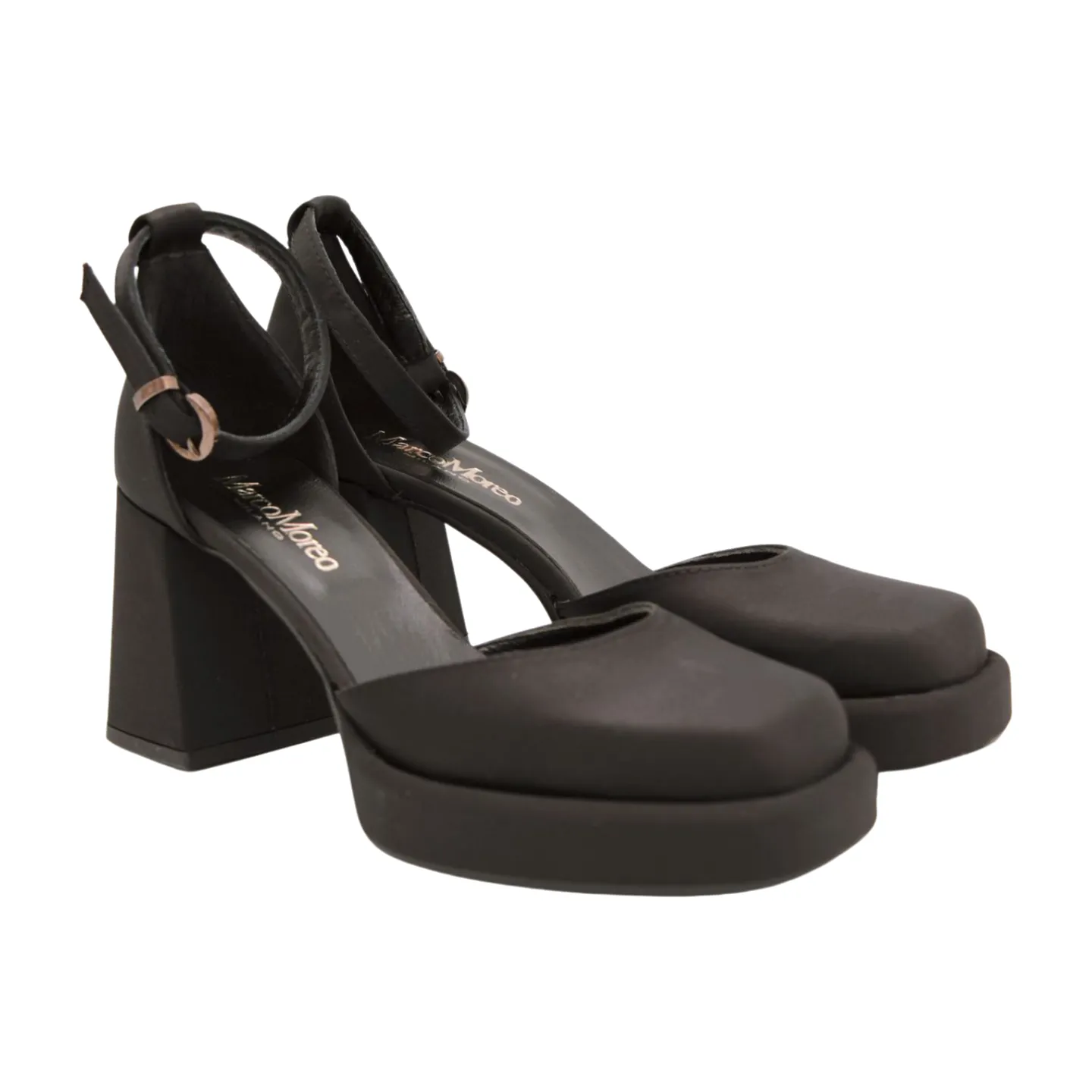 MARCO MOREO Black Satin Platform Ankle Strap  Shoe  SHIRLEY  D3201