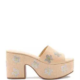 Miso Platform Sandal In Beige Raffia and Floral Crystals